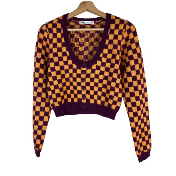 Zara Sweaters - Zara Women's M‎ Purple Orange Check Scoop Neck Crop Cardigan Sweater *
